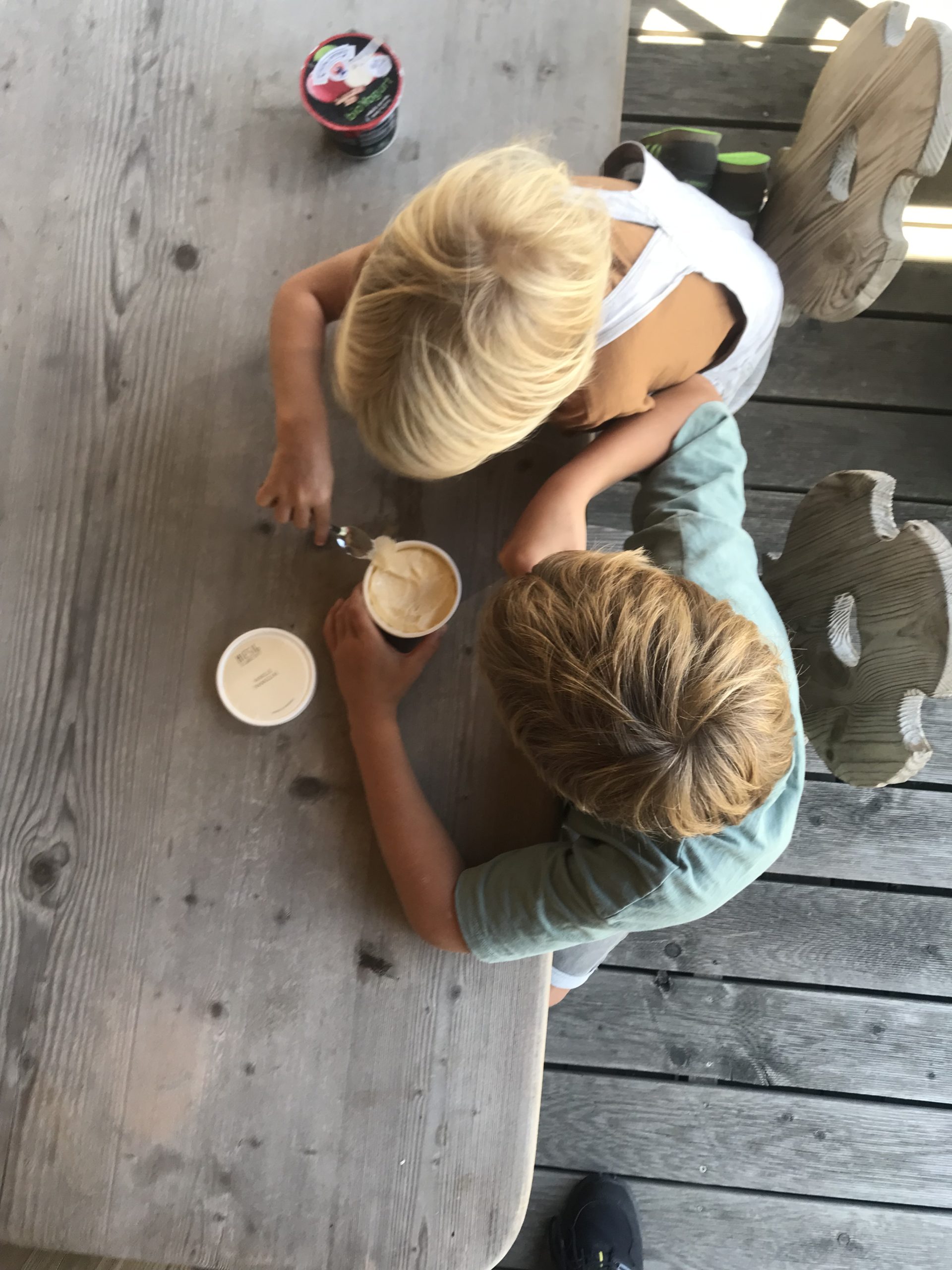 Die Jungs sietzen an einem Holztisch und essen frischen Joghurt und Eis 